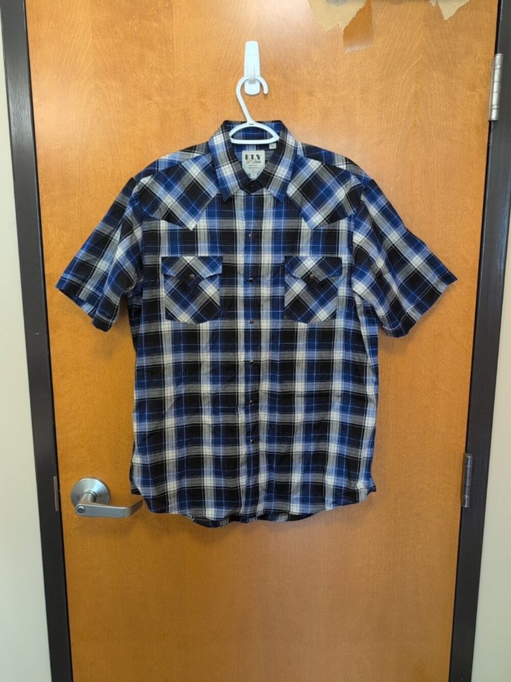 Ely Cattleman Shirt Mens L Blue White Short Sleeve Western Pearl Snap Plaid EUC
